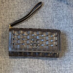Tory Burch Brown Leather Woven Clutch